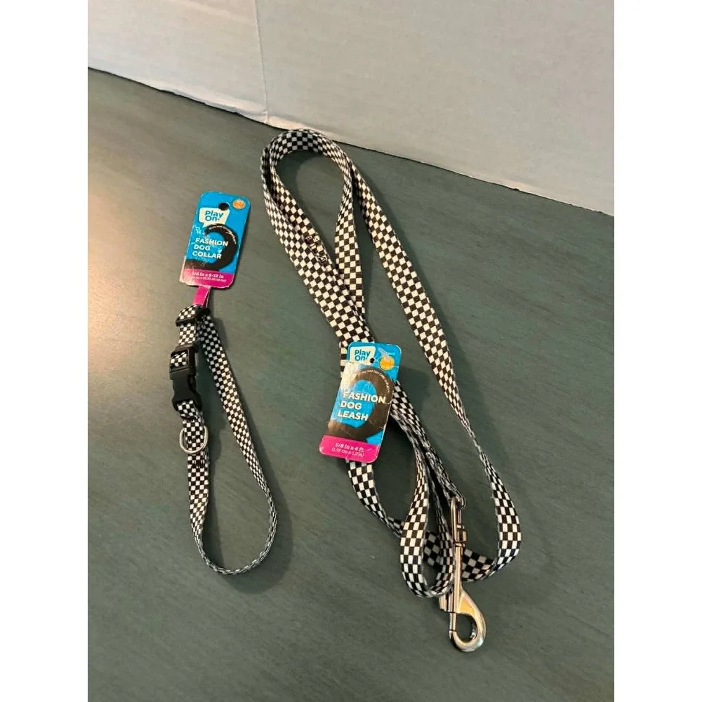 Play On! Collar and Leash Set Dog XS Black White NEW Checkered Pattern